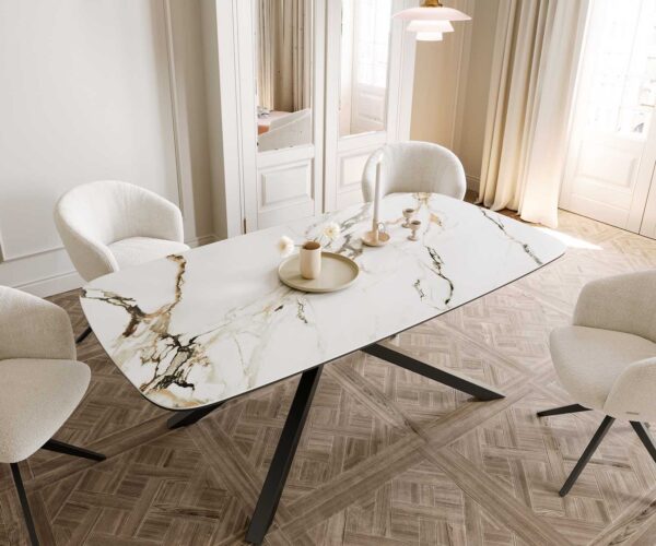 Jídelní stůl Edge oválný 200x100 keramika Calacatta Luxe bílo-zlato-šedá křížová podnož hranatá černá - Image 5