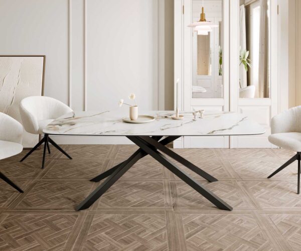 Jídelní stůl Edge oválný 200x100 keramika Calacatta Luxe bílo-zlato-šedá křížová podnož hranatá černá - Image 2