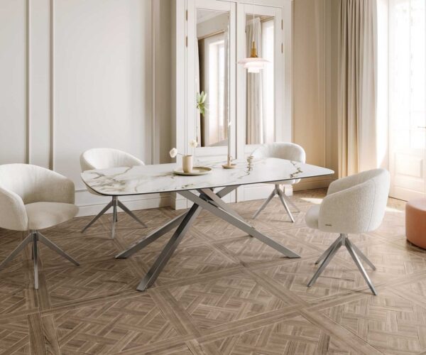 Jídelní stůl Edge oválný 200x100 keramika Calacatta Luxe bílo-zlato-šedá křížová podnož hranatá z nerezové oceli - Image 7