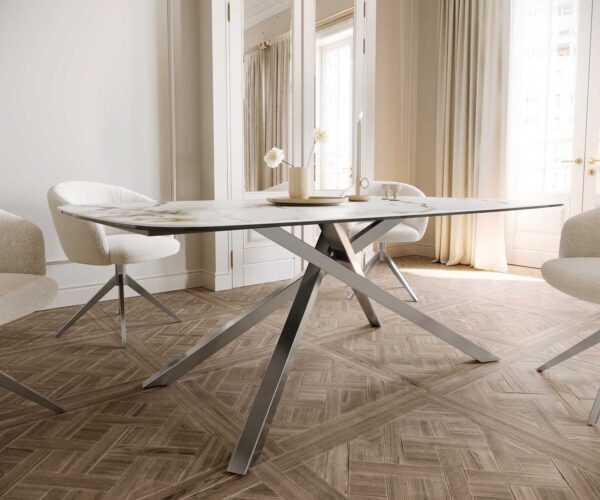 Jídelní stůl Edge oválný 200x100 keramika Calacatta Luxe bílo-zlato-šedá křížová podnož hranatá z nerezové oceli - Image 6