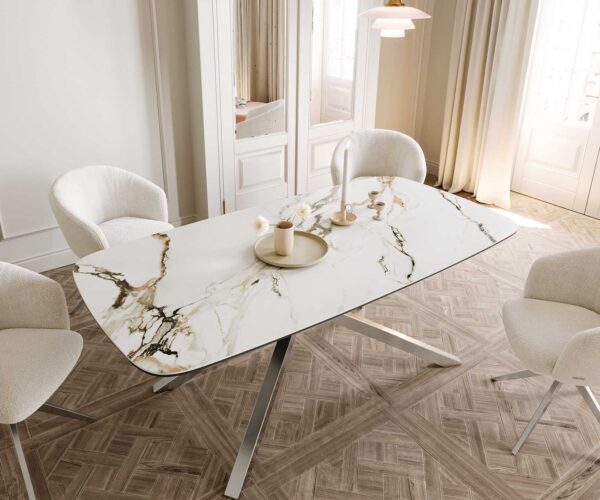 Jídelní stůl Edge oválný 200x100 keramika Calacatta Luxe bílo-zlato-šedá křížová podnož hranatá z nerezové oceli - Image 5