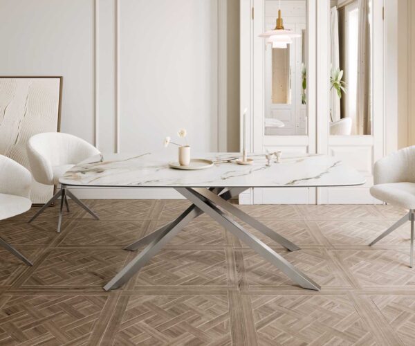 Jídelní stůl Edge oválný 200x100 keramika Calacatta Luxe bílo-zlato-šedá křížová podnož hranatá z nerezové oceli - Image 2