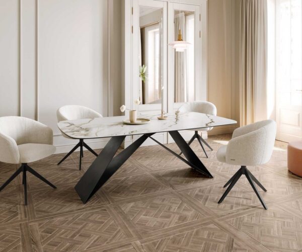 Jídelní stůl Edge oválný 200x100 keramika Calacatta Luxe bílo-zlatošedá podnož ve tvaru "V" plochá ocel černá - Image 7