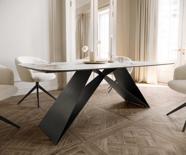 Jídelní stůl Edge oválný 200x100 keramika Calacatta Luxe bílo-zlatošedá podnož ve tvaru "V" plochá ocel černá - Image 6