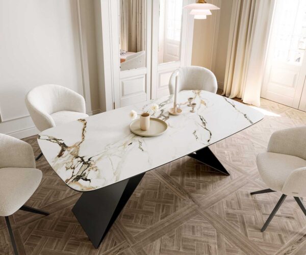 Jídelní stůl Edge oválný 200x100 keramika Calacatta Luxe bílo-zlatošedá podnož ve tvaru "V" plochá ocel černá - Image 5