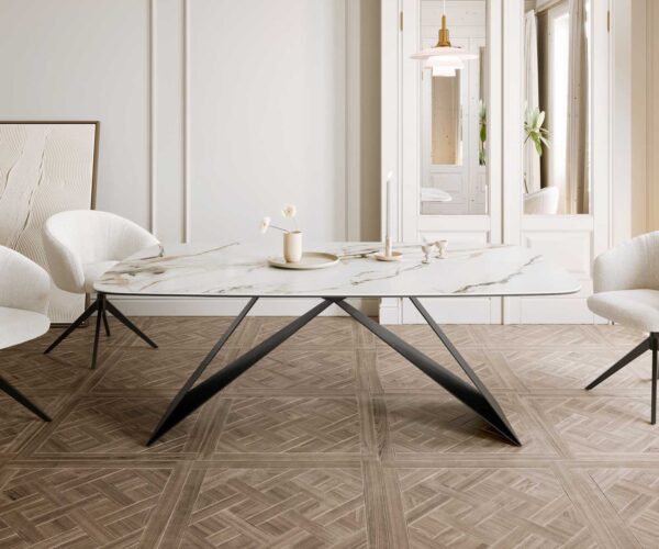 Jídelní stůl Edge oválný 200x100 keramika Calacatta Luxe bílo-zlatošedá podnož ve tvaru "V" plochá ocel černá - Image 2