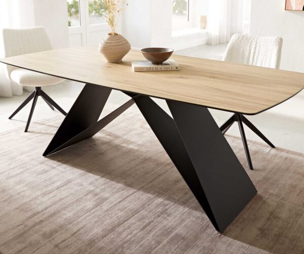 Jídelní stůl Edge oválný 200x100 keramika Laminam® Sabbia podnož ve tvaru "V" plochá ocel černá - Image 6