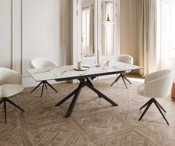 Jídelní stůl Edge 180-220x100 keramika Calacatta Luxe bílo-zlato-šedá křížová podnož hranatá černá rozkládací - Image 8