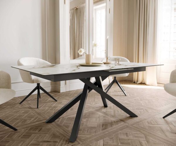 Jídelní stůl Edge 180-220x100 keramika Calacatta Luxe bílo-zlato-šedá křížová podnož hranatá černá rozkládací - Image 7