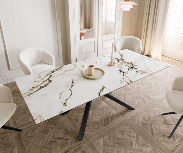 Jídelní stůl Edge 180-220x100 keramika Calacatta Luxe bílo-zlato-šedá křížová podnož hranatá černá rozkládací - Image 6