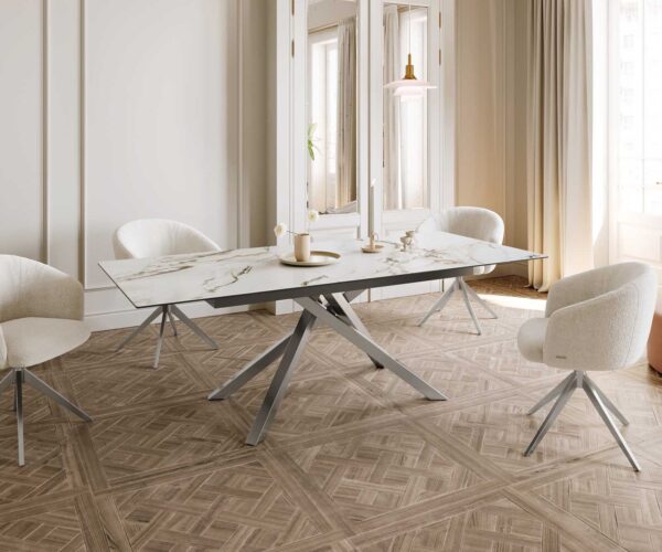 Jídelní stůl Edge 180-220x100 keramika Calacatta Luxe bílo-zlatošedá křížová podnož hranatá nerezová rozkládací - Image 8