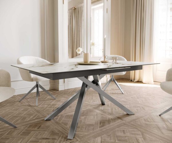 Jídelní stůl Edge 180-220x100 keramika Calacatta Luxe bílo-zlatošedá křížová podnož hranatá nerezová rozkládací - Image 7