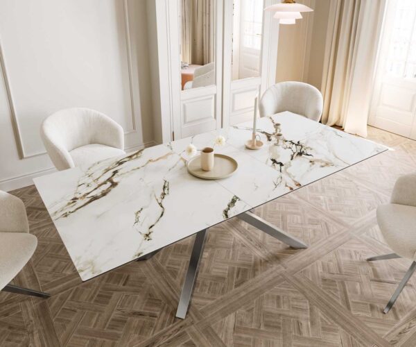 Jídelní stůl Edge 180-220x100 keramika Calacatta Luxe bílo-zlatošedá křížová podnož hranatá nerezová rozkládací - Image 6