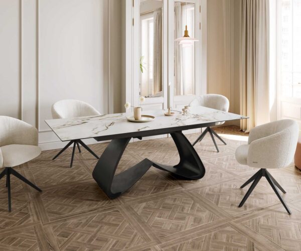 Jídelní stůl Edge 180-220x100 keramika Calacatta Luxe bílá-zlatošedá podnož ve tvaru "W" černá rozkládací - Image 8