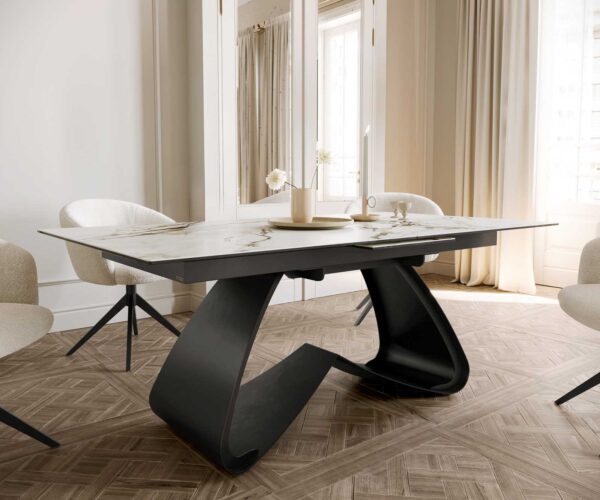Jídelní stůl Edge 180-220x100 keramika Calacatta Luxe bílá-zlatošedá podnož ve tvaru "W" černá rozkládací - Image 7