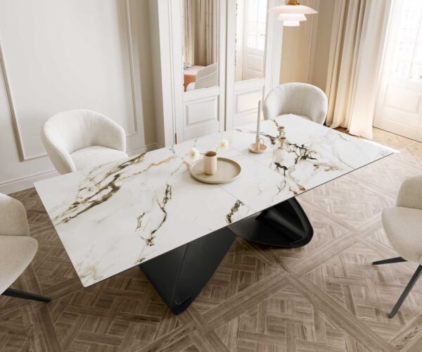 Jídelní stůl Edge 180-220x100 keramika Calacatta Luxe bílá-zlatošedá podnož ve tvaru "W" černá rozkládací - Image 6