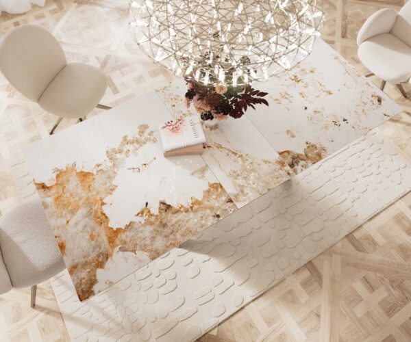 Jídelní stůl Edge 180-220x100 keramika Minas Melange bílo-béžová křížová podnož obdélníková nerezová rozkládací - Image 7