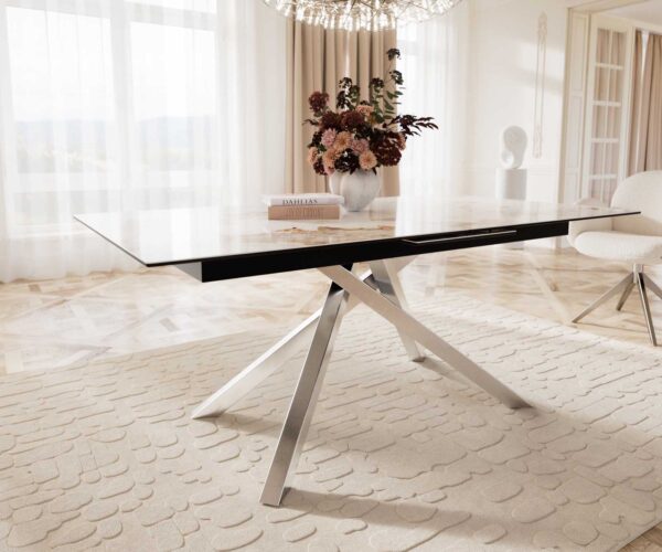 Jídelní stůl Edge 180-220x100 keramika Minas Melange bílo-béžová křížová podnož obdélníková nerezová rozkládací - Image 6