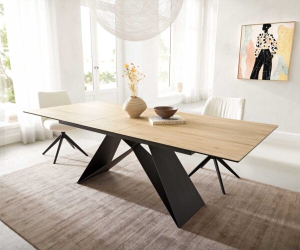 Jídelní stůl Edge 180-220x100 keramika Laminam® Sabbia podnož ve tvaru "V" plochá ocel černá rozkládací - Image 2