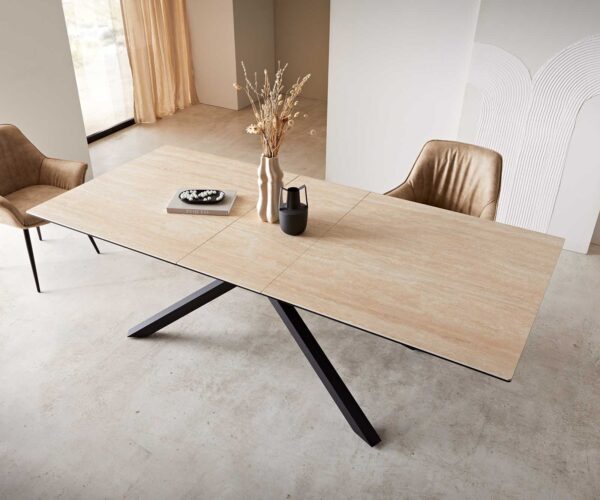 Jídelní stůl Edge 180-220x100 keramika travertin přírodní křížová podnož hranatá černá rozkládací - Image 5