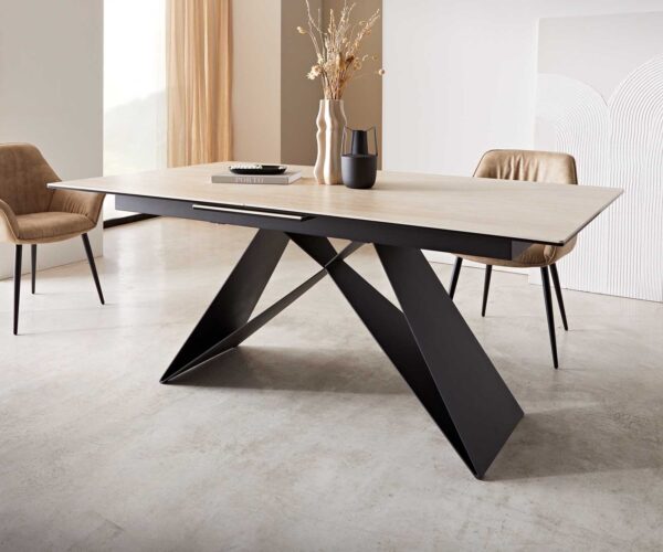 Jídelní stůl Edge 180-220x100 keramika travertin přírodní podnož ve tvaru "V" plochá ocel černá rozkládací - Image 6