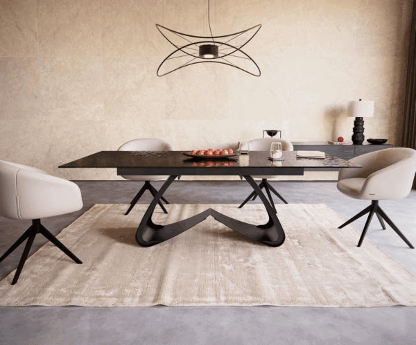 Jídelní stůl Edge 180-220x100 reliéfní sklo kouřové černé 3D design podnož ve tvaru "W" černá rozkládací - Image 2