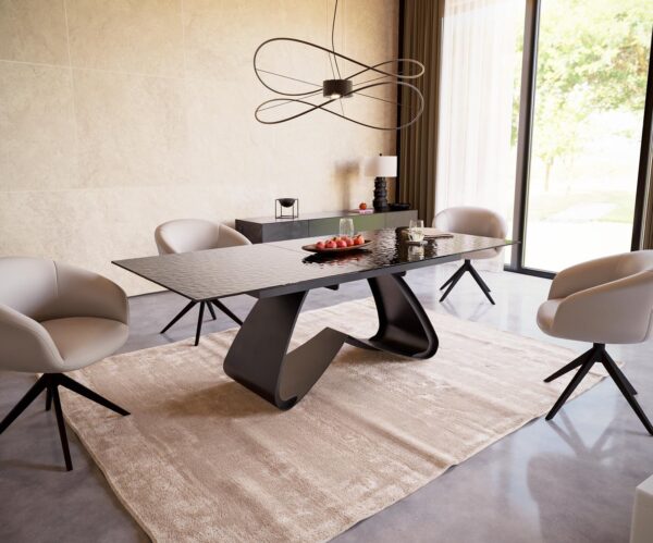 Jídelní stůl Edge 180-220x100 reliéfní sklo kouřové černé 3D design podnož ve tvaru "W" černá rozkládací - Image 6