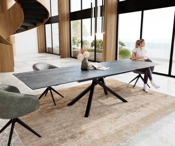 Jídelní stůl Edge 200-300x100 keramika Laminam®Nero Greco antracit křížová podnož hranatá černá rozkládací - Image 6