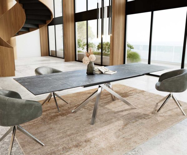 Jídelní stůl Edge 200-300x100 keramika Laminam®Nero Greco antracitová křížová podnož hranatá nerezová rozkládací - Image 6