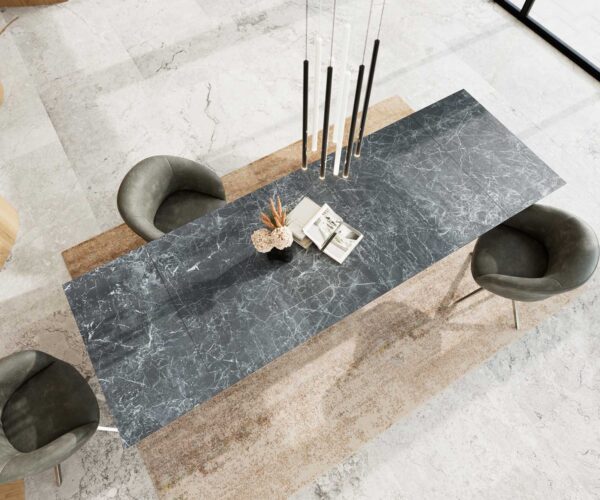 Jídelní stůl Edge 200-300x100 keramika Laminam®Nero Greco antracitová křížová podnož hranatá nerezová rozkládací - Image 4