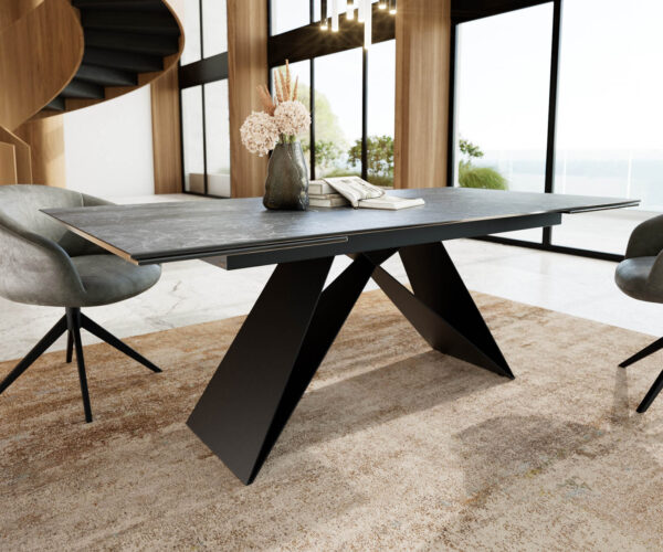 Jídelní stůl Edge 200-300x100 keramika Laminam®Nero Greco antracit podnož ve tvaru "V" plochá ocel černá rozkládací - Image 4