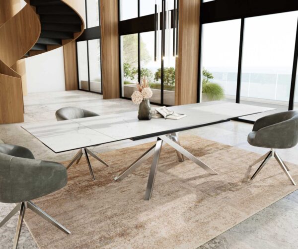 Jídelní stůl Edge 200-300x100 keramika Laminam®Statuarietto bílá křížová podnož hranatá nerezová rozkládací - Image 7