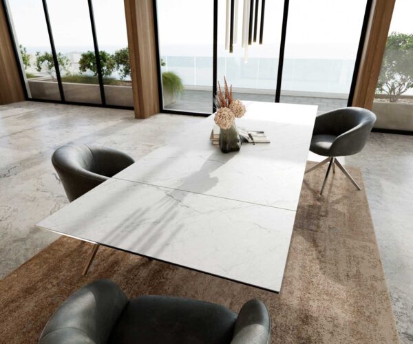 Jídelní stůl Edge 200-300x100 keramika Laminam®Statuarietto bílá křížová podnož hranatá nerezová rozkládací - Image 6