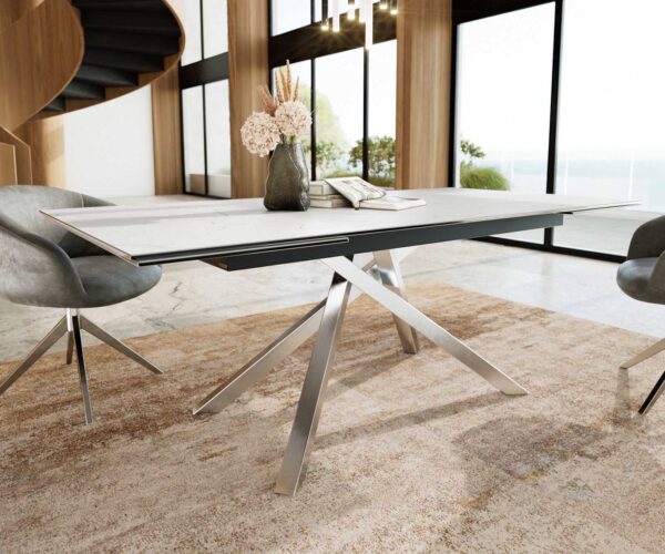 Jídelní stůl Edge 200-300x100 keramika Laminam®Statuarietto bílá křížová podnož hranatá nerezová rozkládací - Image 5