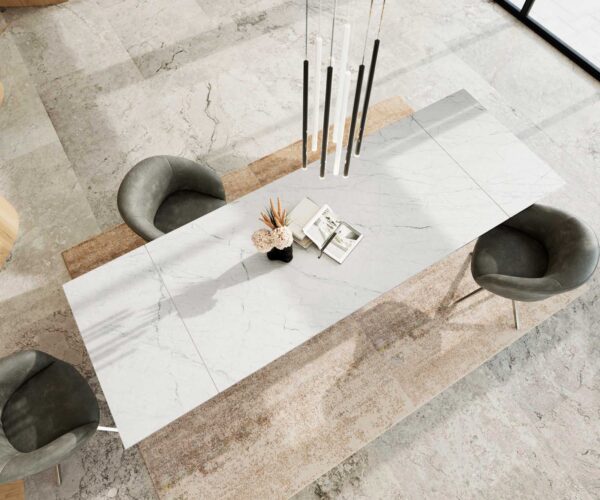 Jídelní stůl Edge 200-300x100 keramika Laminam®Statuarietto bílá křížová podnož hranatá nerezová rozkládací - Image 4