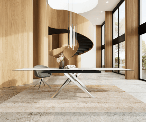 Jídelní stůl Edge 200-300x100 keramika Laminam®Statuarietto bílá křížová podnož hranatá nerezová rozkládací - Image 2
