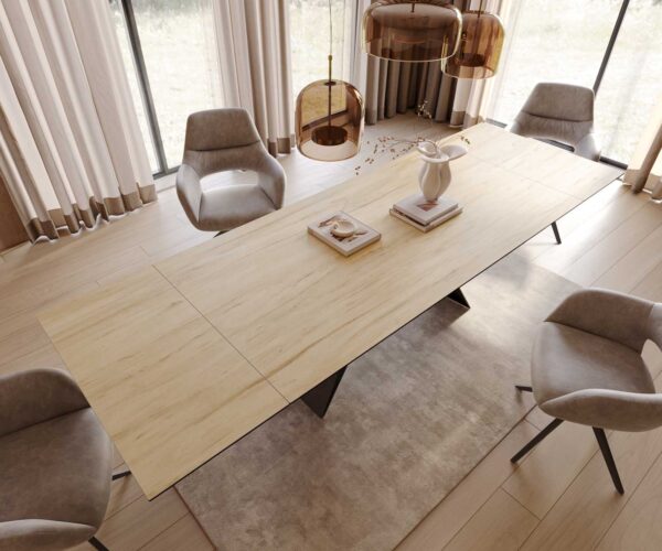 Jídelní stůl Edge 200-300x100 keramika Laminam® Sabbia v barvě podnož ve tvaru "V" plochá ocel černá rozkládací - Image 6