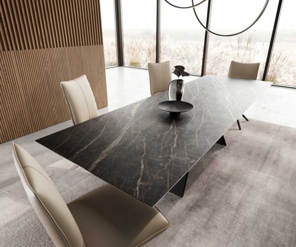 Jídelní stůl Edge 200-300x100 keramika Laminam®Noir Desir hnědá podnož ve tvaru "V" plochá ocel černá rozkládací - Image 4