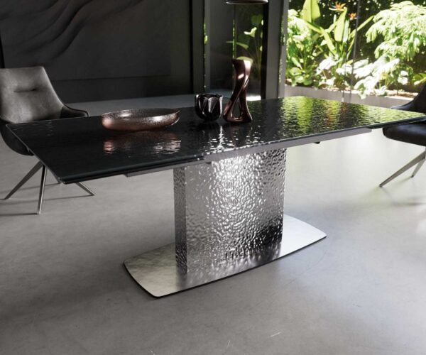 Jídelní stůl Edge 200-300x100 reliéfní sklo kouřově černá 3D design Wave nerezová ocel rozkládací - Image 5