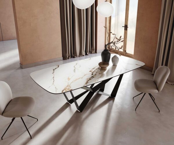 Jídelní stůl Edge oválný 240x120 keramika Calacatta Luxe bílo-zlato-šedá křížová podnož plochá černá - Image 5