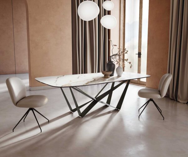 Jídelní stůl Edge oválný 240x120 keramika Calacatta Luxe bílo-zlato-šedá křížová podnož plochá černá - Image 2