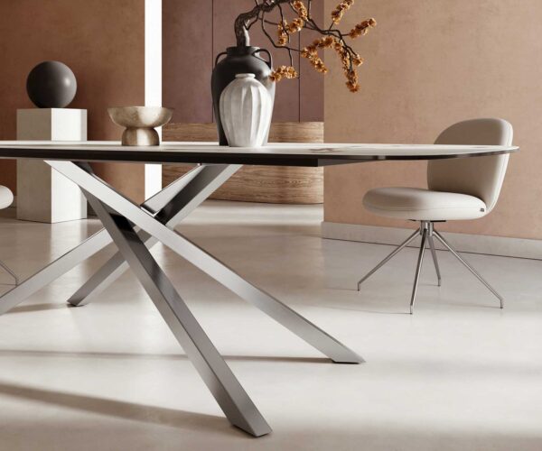 Jídelní stůl Edge oválný 240x120 keramika Calacatta Luxe bílo-zlato-šedá křížová podnož hranatá z nerezové oceli - Image 6