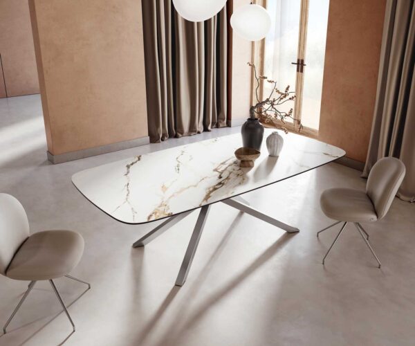 Jídelní stůl Edge oválný 240x120 keramika Calacatta Luxe bílo-zlato-šedá křížová podnož hranatá z nerezové oceli - Image 5