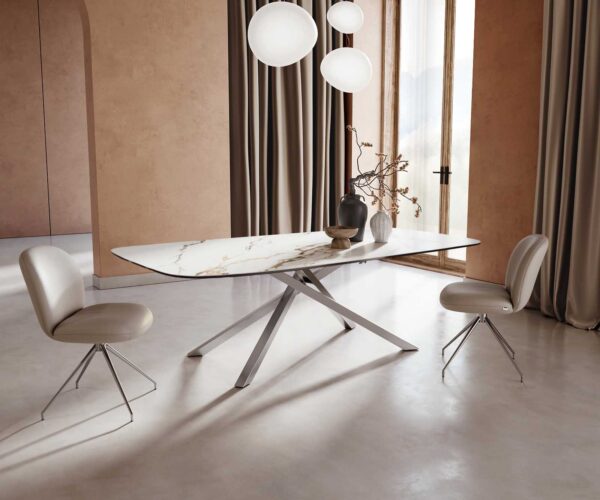Jídelní stůl Edge oválný 240x120 keramika Calacatta Luxe bílo-zlato-šedá křížová podnož hranatá z nerezové oceli - Image 2