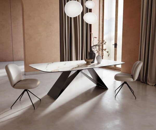 Jídelní stůl Edge oválný 240x120 keramika Calacatta Luxe bílo-zlatošedá podnož ve tvaru "V" plochá ocel černá - Image 2