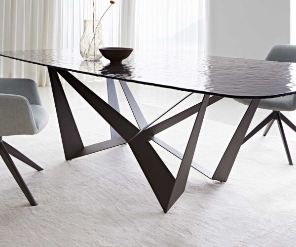 Jídelní stůl Edge oválný 240x120 kouřové černé reliéfní sklo 3D design křížová podnož plochá černá - Image 7