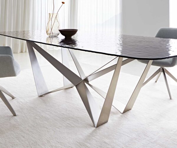 Jídelní stůl Edge oválný 240x120 reliéfní sklo kouřově černá 3D design křížová podnož plochá ocel nerezová ocel - Image 7