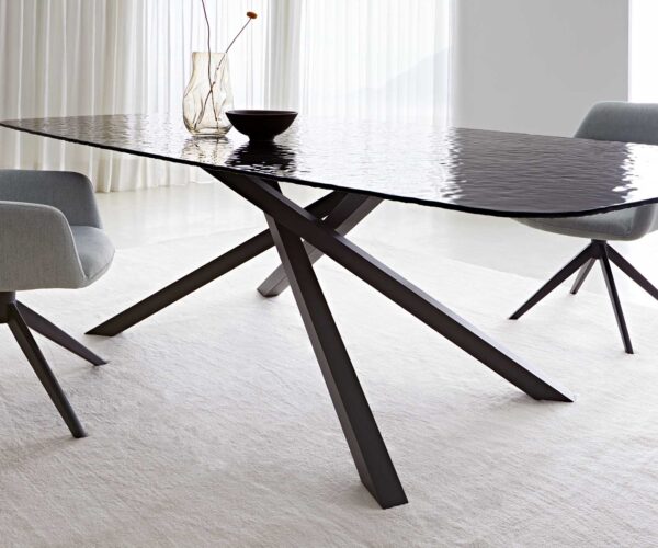 Jídelní stůl Edge oválný 240x120 reliéfní sklo kouřové černé 3D design křížová podnož hranatá černá - Image 7