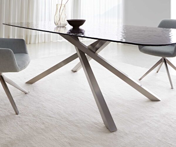 Jídelní stůl Edge oválný 240x120 reliéfní sklo kouřově černá 3D design křížová podnož hranatá nerezová ocel - Image 7