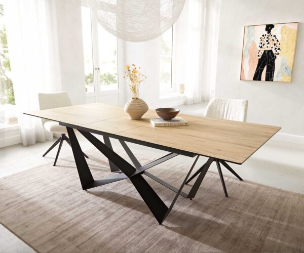 Jídelní stůl Edge 180-220x100 keramika Laminam® Sabbia v barvě dubu podnož plochá ocel černá rozkládací